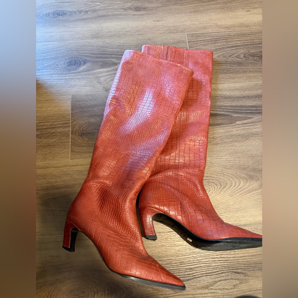 Free People Red Croc-Embossed Knee-High Boots